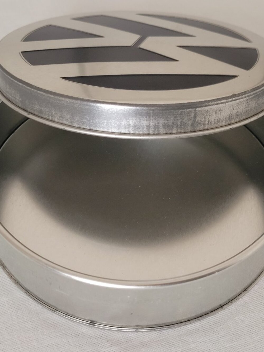 VW Volkswagen Tin Metal Round Container Silver & Black